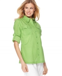 A bright button-down shirt at a brilliant price makes this Jones New York Signature top a must-have for your spring wardrobe. A bright button-down shirt at a brilliant price makes this Jones New York Signature top a must-have for your spring wardrobe.