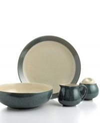 Sango gives casual tables an earthy vibe with this moss and cream Malibu completer set. Hardy stoneware in basic shapes with a unique splattered glaze serves three meals a day with one-of-a-kind style. Sango gives casual tables an earthy vibe with this moss and cream Malibu completer set. Hardy stoneware in basic shapes with a unique splattered glaze serves three meals a day with one-of-a-kind style.