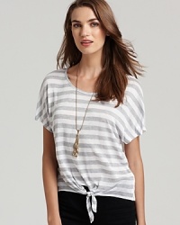A tie at the hem lends interest to this Vintage Havana striped tee. A tie at the hem lends interest to this Vintage Havana striped tee.