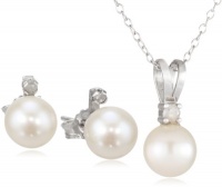 Sterling Silver 7-7.5 mm Freshwater Cultured Pearl and Diamond Earrings and Pendant Set (.07 Cttw, I-J Color, I2-I3 Clarity), 18 Sterling Silver 7-7.5 mm Freshwater Cultured Pearl and Diamond Earrings and Pendant Set (.07 Cttw, I-J Color, I2-I3 Clarity), 18