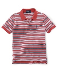 A short-sleeved polo is rendered in soft, breathable striped jersey-knit cotton. A short-sleeved polo is rendered in soft, breathable striped jersey-knit cotton.