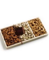 Surprise someone special with this Deluxe nut trio gift basket exclusively from Torn Ranch. This collection features jumbo cashews, smoky almonds, and California colossal pistachios, all presented in a natural wooden serving tray. Surprise someone special with this Deluxe nut trio gift basket exclusively from Torn Ranch. This collection features jumbo cashews, smoky almonds, and California colossal pistachios, all presented in a natural wooden serving tray.