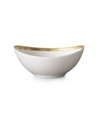 Give your tabletop a warm, golden glow with the Grand Buffet Gold elliptical bowl. The fine china body has a wide inner band of gold enhanced by a delicately detailed scroll pattern. Give your tabletop a warm, golden glow with the Grand Buffet Gold elliptical bowl. The fine china body has a wide inner band of gold enhanced by a delicately detailed scroll pattern.