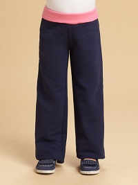 Fold-over waistband adds a pop of color to these soft stretch knit yoga pants.Stretch waistStraight legsCotton/Polyester/SpandexMachine washImported Fold-over waistband adds a pop of color to these soft stretch knit yoga pants.Stretch waistStraight legsCotton/Polyester/SpandexMachine washImported