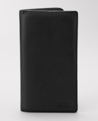 Designed by Fossil for the man on the go, this sleek leather hybrid between a checkbook and a wallet organizes all your essentials without sacrificing style. Designed by Fossil for the man on the go, this sleek leather hybrid between a checkbook and a wallet organizes all your essentials without sacrificing style.