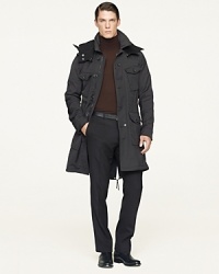 Ample utility pockets, handsome epaulets and a detachable hood lend a sleek Black Label coat deconstructed military edge. Ample utility pockets, handsome epaulets and a detachable hood lend a sleek Black Label coat deconstructed military edge.