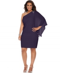 R&M Richards' plus size cocktail dress is stunning with its beaded one-shoulder silhouette. The sheer flutter sleeve gives the fitted silhouette a graceful finishing touch. R&M Richards' plus size cocktail dress is stunning with its beaded one-shoulder silhouette. The sheer flutter sleeve gives the fitted silhouette a graceful finishing touch.