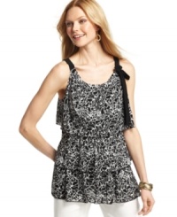 Feminine black-and-white printed ruffles give Style&co.'s petite top a fresh spin. A self-tie bow adds a charming finishing touch! (Clearance) Feminine black-and-white printed ruffles give Style&co.'s petite top a fresh spin. A self-tie bow adds a charming finishing touch! (Clearance)