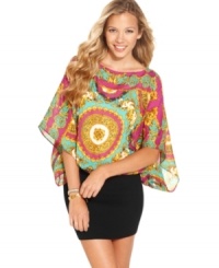 Rock the scarf-print trend in a big way with a minidress from Rampage that combines dramatic batwing sleeve design with the brightest jewel tones! Rock the scarf-print trend in a big way with a minidress from Rampage that combines dramatic batwing sleeve design with the brightest jewel tones!