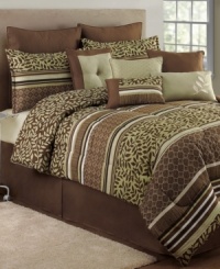 Autumnal ambiance. With a distinctly warm and inviting feel, this Danica comforter set features flowing leaves interspersed with chic circle and stripe patterns. Finished in a brown and muted green colorway. Autumnal ambiance. With a distinctly warm and inviting feel, this Danica comforter set features flowing leaves interspersed with chic circle and stripe patterns. Finished in a brown and muted green colorway.