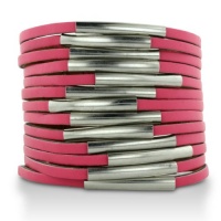 MULTI SPLIT LEATHER W/METAL PINK Pink Shredded Leather and Silver Tone Accented Cuff Bracelet MULTI SPLIT LEATHER W/METAL PINK Pink Shredded Leather and Silver Tone Accented Cuff Bracelet