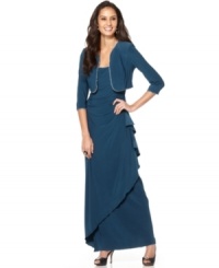 This elegant petite dress and jacket ensemble from Alex Evenings has super-feminine details like pretty beaded trim and a graceful drape for a stunning special occasion look. This elegant petite dress and jacket ensemble from Alex Evenings has super-feminine details like pretty beaded trim and a graceful drape for a stunning special occasion look.
