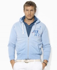 A comfortable and casual statement, this faded full-zip fleece jacket features a soft, waffle-lined hood and weathered graphic print for a lived-in look. A comfortable and casual statement, this faded full-zip fleece jacket features a soft, waffle-lined hood and weathered graphic print for a lived-in look.
