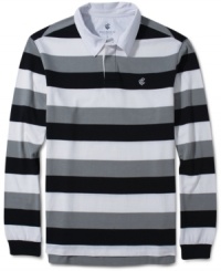 This long sleeve striped polo by Rocawear will add preppy style to your laid back look. This long sleeve striped polo by Rocawear will add preppy style to your laid back look.