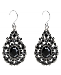 Filled with alluring intrigue, these Monet earrings feature jet stones in hematite-plated mixed metal. Approximate drop: 1-1/2 inches. Filled with alluring intrigue, these Monet earrings feature jet stones in hematite-plated mixed metal. Approximate drop: 1-1/2 inches.