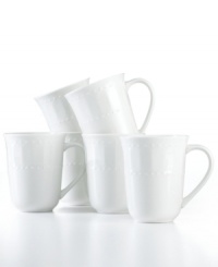 White dinnerware made of versatile porcelain. Gibson's White Elements embossed mugs stand up to daily use but, with classic fluting and beaded accents, are elegant enough for entertaining, too. White dinnerware made of versatile porcelain. Gibson's White Elements embossed mugs stand up to daily use but, with classic fluting and beaded accents, are elegant enough for entertaining, too.