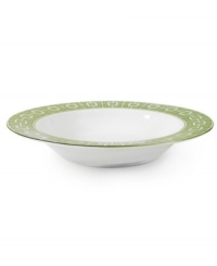 Anything but square, the Nixon rim soup bowl from Jonathan Adler shapes things up with a fantastic geo print in green, white and dazzling platinum.