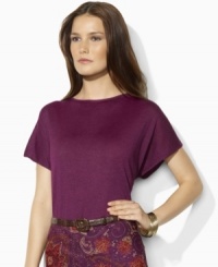 Rendered in sumptuous tussah silk, Lauren by Ralph Lauren's petite boatneck top is finished with short dolman sleeves for a modern look. Rendered in sumptuous tussah silk, Lauren by Ralph Lauren's petite boatneck top is finished with short dolman sleeves for a modern look.