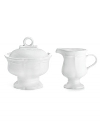 Gently scalloped detail in hardy stoneware gives the French Country creamer and covered sugar bowl an effortless grace that's ideal for every day. From Mikasa. Gently scalloped detail in hardy stoneware gives the French Country creamer and covered sugar bowl an effortless grace that's ideal for every day. From Mikasa.