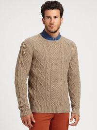 Made from cozy lamb's wool, a classic cable-knit sweater with a modern fit. CrewneckPulloverRibbed trimWoolDry cleanImported Made from cozy lamb's wool, a classic cable-knit sweater with a modern fit. CrewneckPulloverRibbed trimWoolDry cleanImported