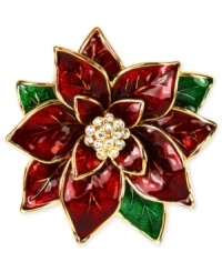Step into the season with memorable color. This elegant pin is styled in a poinsettia design with red and green color and plastic accents. Crafted in gold tone mixed metal. Approximate length: 2 inches. Includes gift box. Step into the season with memorable color. This elegant pin is styled in a poinsettia design with red and green color and plastic accents. Crafted in gold tone mixed metal. Approximate length: 2 inches. Includes gift box.