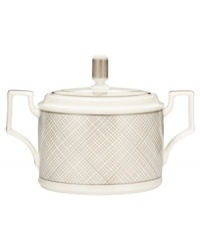 Dressed in a fine diamond grid of bronze and warm taupe, this covered sugar bowl is tailored for formal dining and everyday elegance. Hooked handles architect a unique silhouette to enhance more classic bone china essentials. From Noritake's collection of serveware and serving dishes. Dressed in a fine diamond grid of bronze and warm taupe, this covered sugar bowl is tailored for formal dining and everyday elegance. Hooked handles architect a unique silhouette to enhance more classic bone china essentials. From Noritake's collection of serveware and serving dishes.
