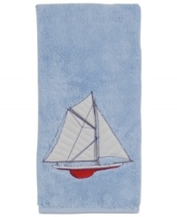 Set sail for uncharted bath decor with this nautical-themed hand towel from Creative Bath. Emblazoned with a seafaring schooner, this plush towel docks beautifully-powder rooms to bathrooms. Set sail for uncharted bath decor with this nautical-themed hand towel from Creative Bath. Emblazoned with a seafaring schooner, this plush towel docks beautifully-powder rooms to bathrooms.