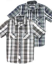 Shake up your casual style. Toss the tee for this cool plaid shirt from American Rag. Shake up your casual style. Toss the tee for this cool plaid shirt from American Rag.