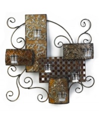 Textured patterns of leaves, flowers and other rustic elements are intertwined by delicate metal swirling. A votive candle lights up each detailed plate to display the beautiful intricacies of nature's influence. Textured patterns of leaves, flowers and other rustic elements are intertwined by delicate metal swirling. A votive candle lights up each detailed plate to display the beautiful intricacies of nature's influence.