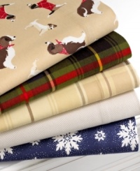 Fun, whimsical prints set a new scene in this Novelty Flannel sheet set from Martha Stewart Collection. Featuring playful pups, casual snowflakes and traditional plaids all in pure cotton flannel, these sheets are made for cold winter nights. Fun, whimsical prints set a new scene in this Novelty Flannel sheet set from Martha Stewart Collection. Featuring playful pups, casual snowflakes and traditional plaids all in pure cotton flannel, these sheets are made for cold winter nights.