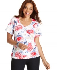 Partner your go-to causal bottoms with Karen Scott's short sleeve plus size top, flaunting a floral-print-- it's an Everyday Value! Partner your go-to causal bottoms with Karen Scott's short sleeve plus size top, flaunting a floral-print-- it's an Everyday Value!