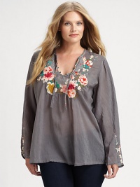 A gorgeous Georgette style featuring beautiful embroidery and a self-tie neckline. Skinny pants or leggings would look incredible with this top. Self-tie detail at embroidered necklineLong sleevesPull-on styleAbout 32 from shoulder to hemRayonMachine washImported A gorgeous Georgette style featuring beautiful embroidery and a self-tie neckline. Skinny pants or leggings would look incredible with this top. Self-tie detail at embroidered necklineLong sleevesPull-on styleAbout 32 from shoulder to hemRayonMachine washImported