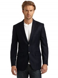 THE LOOKTextured designNotch lapelLong button cuff sleevesTwo-button front closure Chest welt pocketSeam detailsFront flap pocketsBack double vented hemTHE FITAbout 30 from shoulder to hemTHE MATERIALWoolFully linedCARE & ORIGINDry cleanMade in USA of Italian fabricThis item was originally available for purchase at Saks Fifth Avenue OFF 5TH stores. THE LOOKTextured designNotch lapelLong button cuff sleevesTwo-button front closure Chest welt pocketSeam detailsFront flap pocketsBack double vented hemTHE FITAbout 30 from shoulder to hemTHE MATERIALWoolFully linedCARE & ORIGINDry cleanMade in USA of Italian fabricThis item was originally available for purchase at Saks Fifth Avenue OFF 5TH stores.