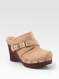 A retro-inspired suede favorite with edgy metal studs, an adjustable buckle strap and powerful wooden wedge. Wooden wedge, 4 (100mm)Wooden platform, 1¼ (30mm)Compares to a 2¾ heel (70mm)Suede upper with metal studsAdjustable buckle strapLeather liningRubber solePadded insoleImported A retro-inspired suede favorite with edgy metal studs, an adjustable buckle strap and powerful wooden wedge. Wooden wedge, 4 (100mm)Wooden platform, 1¼ (30mm)Compares to a 2¾ heel (70mm)Suede upper with metal studsAdjustable buckle strapLeather liningRubber solePadded insoleImported