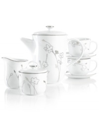 Wildflowers gleam in polished platinum, adding whimsical glow to the Silhouette tea set. A banded edge adds a classic touch to serveware, cups and saucers with modern spirit. Wildflowers gleam in polished platinum, adding whimsical glow to the Silhouette tea set. A banded edge adds a classic touch to serveware, cups and saucers with modern spirit.