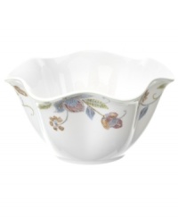 Well-crafted blooms create the illusion of texture on Oleg Cassini's Kavita ruffled bowl, featuring meticulous detail and brilliant color in glossy white porcelain. For use and display! Well-crafted blooms create the illusion of texture on Oleg Cassini's Kavita ruffled bowl, featuring meticulous detail and brilliant color in glossy white porcelain. For use and display!