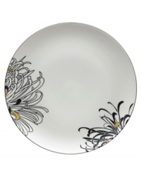 Bold florals inspired by 19th century Japanese textiles spring from these Chrysanthemum dinner plates of this set of striking, graphic and stylish dinnerware. The dishes feature a bouquet of cream, charcoal and gold on everyday fine china that offers the cool, modern look and unparalleled durability of Denby. Bold florals inspired by 19th century Japanese textiles spring from these Chrysanthemum dinner plates of this set of striking, graphic and stylish dinnerware. The dishes feature a bouquet of cream, charcoal and gold on everyday fine china that offers the cool, modern look and unparalleled durability of Denby.