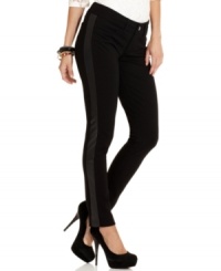 Look sleek and stylish in Seven7's petite skinny trousers featuring tuxedo-style faux-leather side panels! Look sleek and stylish in Seven7's petite skinny trousers featuring tuxedo-style faux-leather side panels!