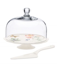 The whimsical butterflies and blooms of Butterfly Meadow dinnerware grace this charming cake stand, an irresistible way to serve your sweetest confections. With accompanying server and glass dome to keep dessert fresh. From Lenox's serveware collection. The whimsical butterflies and blooms of Butterfly Meadow dinnerware grace this charming cake stand, an irresistible way to serve your sweetest confections. With accompanying server and glass dome to keep dessert fresh. From Lenox's serveware collection.