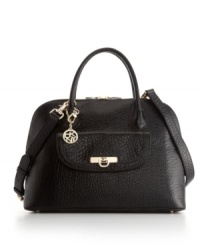 Keep your look timeless and true with this poised satchel by DKNY. A crossbody strap and convenient front flap pocket keep this style functional, while polished goldtone hardware adds a sophisticated allure. Keep your look timeless and true with this poised satchel by DKNY. A crossbody strap and convenient front flap pocket keep this style functional, while polished goldtone hardware adds a sophisticated allure.