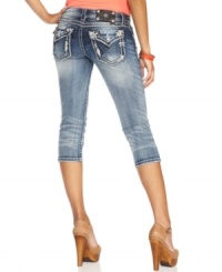 Update your denim to suit the sun with these five-pocket capri pants that sport rocker-cool back pockets and an extreme fade. From Miss Me. Update your denim to suit the sun with these five-pocket capri pants that sport rocker-cool back pockets and an extreme fade. From Miss Me.