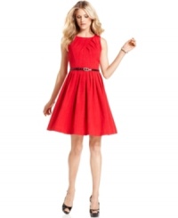 This silhouette is an essential for every closet. Ellen Tracy puts a stylish spin on the A-line with pleated details at the chest and hips and finishes the look with a waist-defining skinny belt. This silhouette is an essential for every closet. Ellen Tracy puts a stylish spin on the A-line with pleated details at the chest and hips and finishes the look with a waist-defining skinny belt.