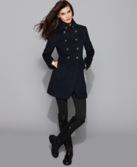 Military-inspired details update a petite double-breasted coat from DKNY. Tooled buttons add decorative appeal to a streamlined, structured silhouette.