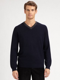 A smart v-neck sweater updated with ribbed detailing and standout contrast trim.V-neck with contrast ribbed trimLong sleeves with ribbed cuffsRibbed hemMerino woolHand wash or dry cleanImported A smart v-neck sweater updated with ribbed detailing and standout contrast trim.V-neck with contrast ribbed trimLong sleeves with ribbed cuffsRibbed hemMerino woolHand wash or dry cleanImported