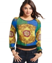 Designed for the girl whose fashion philosophy mixes bold style with trend-right details, this top from XOXO features a chic back cutout and totally dynamic scarf print! Designed for the girl whose fashion philosophy mixes bold style with trend-right details, this top from XOXO features a chic back cutout and totally dynamic scarf print!