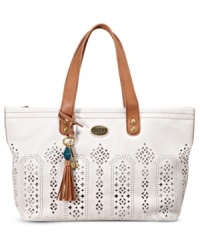 This go-anywhere shopper from Fossil in vintage-inspired embossed leather is outfitted with brass-tone hardware and exquisite detail stitching. Roomy interior is perfect for stowing day-to-day necessities and anything new you may find along the way. This go-anywhere shopper from Fossil in vintage-inspired embossed leather is outfitted with brass-tone hardware and exquisite detail stitching. Roomy interior is perfect for stowing day-to-day necessities and anything new you may find along the way.