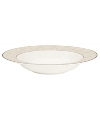 Dressed in a fine diamond grid of bronze and warm taupe, these rim soup bowls are from Noritake dinnerware. The dishes are tailored for formal dining and everyday elegance in bone china. Dressed in a fine diamond grid of bronze and warm taupe, these rim soup bowls are from Noritake dinnerware. The dishes are tailored for formal dining and everyday elegance in bone china.