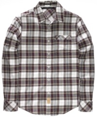 Classic plaid pops. This Sean John button down shirt easily carries you from daytime casual to preppy and popular at night. Classic plaid pops. This Sean John button down shirt easily carries you from daytime casual to preppy and popular at night.