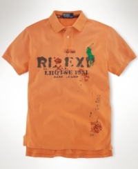 Crafted in a trim, modern fit from breathable cotton mesh, a short-sleeved polo shirt gets a bold update with an expedition-inspired graphic print. Crafted in a trim, modern fit from breathable cotton mesh, a short-sleeved polo shirt gets a bold update with an expedition-inspired graphic print.