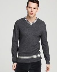 A super-soft blend of lavish silk and decadent cashmere and the retro-inspired stripe design set this cozy V-neck sweater apart. A super-soft blend of lavish silk and decadent cashmere and the retro-inspired stripe design set this cozy V-neck sweater apart.